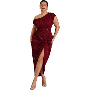 image:imageFloerns Womens Plus Size Asymmetrical Neck Ruched Slit Hem Cocktail DressGlitter Burgundy
