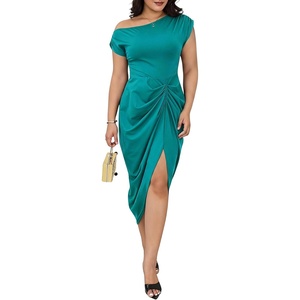 image:imageFloerns Womens Plus Size Asymmetrical Neck Ruched Slit Hem Cocktail DressLake Blue