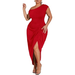 image:imageFloerns Womens Plus Size Asymmetrical Neck Ruched Slit Hem Cocktail DressRed