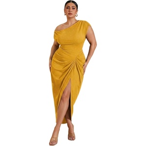 image:imageFloerns Womens Plus Size Asymmetrical Neck Ruched Slit Hem Cocktail DressYellow Glitter