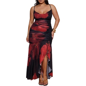 image:imageFloerns Womens Plus Size Floral Maxi Dress Ruched Backless Slit DressesBlack and Red
