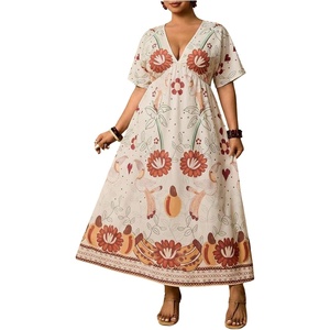 image:imageFloerns Womens Plus Size Hawaiian Tropical V Neck Long DressApricot Brown Floral