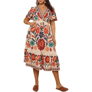 image:imageFloerns Womens Plus Size Hawaiian Tropical V Neck Long DressBeige Floral