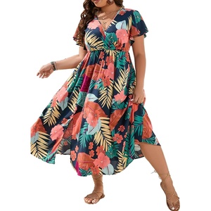 image:imageFloerns Womens Plus Size Hawaiian Tropical V Neck Long DressBlack Orange Tropical