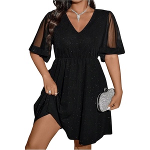 image:imageFloerns Womens Plus Size Mesh Flounce Sleeve V Neck Glitter A Line DressBlack