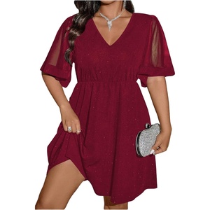 image:imageFloerns Womens Plus Size Mesh Flounce Sleeve V Neck Glitter A Line DressBurgundy