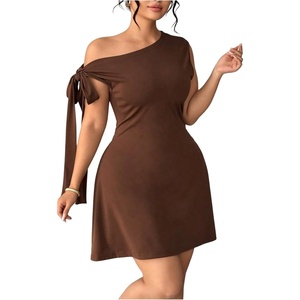 image:imageFloerns Womens Plus Size Off The Shoulder Elegant Party Dress Knot Side Wedding Guest Summer Mini DressesBrown