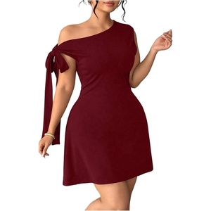 image:imageFloerns Womens Plus Size Off The Shoulder Elegant Party Dress Knot Side Wedding Guest Summer Mini DressesBurgundy