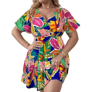 image:imageFloerns Womens Plus Size V Neck Short Sleeve Ruffle Hem A Line Short DressDeep Blue Foral Leaf