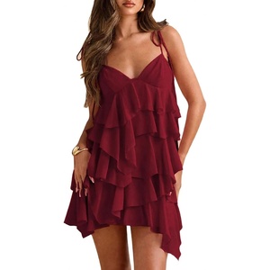 image:imageFloerns Womens Ruffle Mini Dress Tie Shoulder Sleeveless Cocktail SundressBurgundy