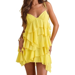 image:imageFloerns Womens Ruffle Mini Dress Tie Shoulder Sleeveless Cocktail SundressPale Yellow