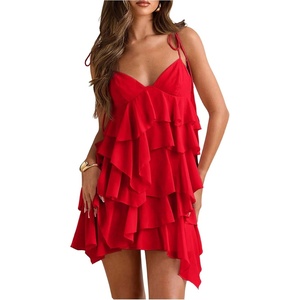 image:imageFloerns Womens Ruffle Mini Dress Tie Shoulder Sleeveless Cocktail SundressRed