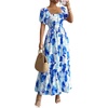 image:imageFloerns Womens Floral Square Neck Maxi Dress Puff Sleeve Tiered Ruffle Summer Beach Vacation DressesBlue  White Multi