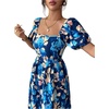 image:imageFloerns Womens Floral Square Neck Maxi Dress Puff Sleeve Tiered Ruffle Summer Beach Vacation DressesBlue Multi