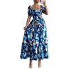 image:imageFloerns Womens Floral Square Neck Maxi Dress Puff Sleeve Tiered Ruffle Summer Beach Vacation DressesBlue Multi