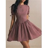 image:imageFloerns Womens Gingham Short Puff Sleeve Crew Neck Mini A Line DressBurgundy