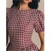 image:imageFloerns Womens Gingham Short Puff Sleeve Crew Neck Mini A Line DressBurgundy
