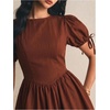 image:imageFloerns Womens Gingham Short Puff Sleeve Crew Neck Mini A Line DressCoffee Brown