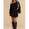 image:imageFloerns Womens Off The Shoulder Chiffon Lantern Long Sleeve Mini DressBlack