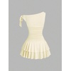 image:imageFloerns Womens Off The Shoulder Metal Floral Layered Hem Mini DressesApricot Solid