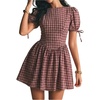 image:imageFloerns Womens Gingham Short Puff Sleeve Crew Neck Mini A Line DressBurgundy