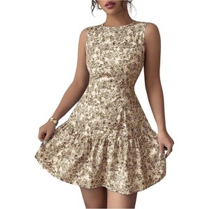 image:imageFloerns Womens Boho Floral Mini Dress Elegant Sleeveless Crew Neck Ruffle A Line Vacation DressesBrown