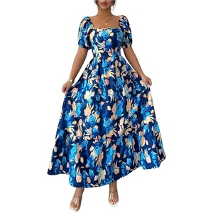 image:imageFloerns Womens Floral Square Neck Maxi Dress Puff Sleeve Tiered Ruffle Summer Beach Vacation DressesBlue Multi