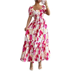 image:imageFloerns Womens Floral Square Neck Maxi Dress Puff Sleeve Tiered Ruffle Summer Beach Vacation DressesPink Multi
