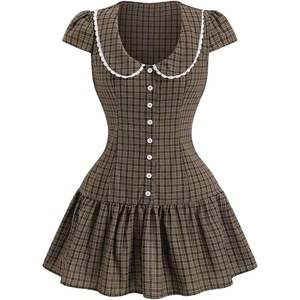 image:imageFloerns Womens Gingham Button Down Mini Dress Cute Short Sleeve Ruffle Hem A Line Tea Party DressesCoffee