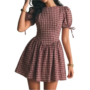 image:imageFloerns Womens Gingham Short Puff Sleeve Crew Neck Mini A Line DressBurgundy