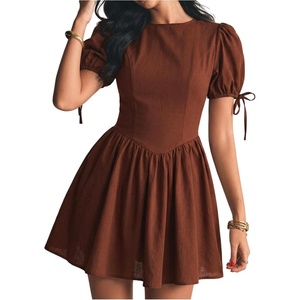 image:imageFloerns Womens Gingham Short Puff Sleeve Crew Neck Mini A Line DressCoffee Brown