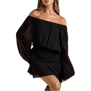 image:imageFloerns Womens Off The Shoulder Chiffon Lantern Long Sleeve Mini DressBlack