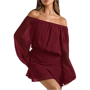image:imageFloerns Womens Off The Shoulder Chiffon Lantern Long Sleeve Mini DressBurgundy