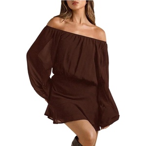 image:imageFloerns Womens Off The Shoulder Chiffon Lantern Long Sleeve Mini DressCoffee Brown