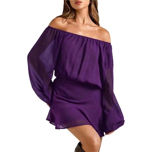 image:imageFloerns Womens Off The Shoulder Chiffon Lantern Long Sleeve Mini DressPurple