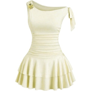 image:imageFloerns Womens Off The Shoulder Metal Floral Layered Hem Mini DressesApricot Solid