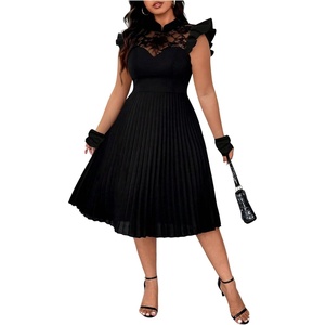 image:imageFloerns Womens Plus Size Lace Ruffle Cap Sleeve Pleated Party Midi DressBlack