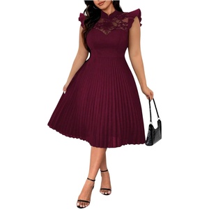 image:imageFloerns Womens Plus Size Lace Ruffle Cap Sleeve Pleated Party Midi DressBurgundy