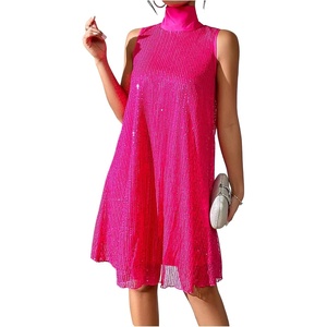 image:imageFloerns Womens Sequin Sleeveless Tank High Neck Bow Shiny Party DressHot Pink