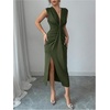 image:imageFloerns Womens Elegant Deep V Neck Long Dress Ruched Sleeveless Bodycon Slit Party Cocktail DressesArmy Green