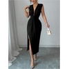 image:imageFloerns Womens Elegant Deep V Neck Long Dress Ruched Sleeveless Bodycon Slit Party Cocktail DressesBlack