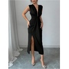 image:imageFloerns Womens Elegant Deep V Neck Long Dress Ruched Sleeveless Bodycon Slit Party Cocktail DressesBlack