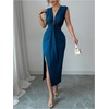 image:imageFloerns Womens Elegant Deep V Neck Long Dress Ruched Sleeveless Bodycon Slit Party Cocktail DressesBlue