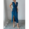 image:imageFloerns Womens Elegant Deep V Neck Long Dress Ruched Sleeveless Bodycon Slit Party Cocktail DressesBlue