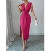 image:imageFloerns Womens Elegant Deep V Neck Long Dress Ruched Sleeveless Bodycon Slit Party Cocktail DressesHot Pink