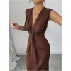 image:imageFloerns Womens Elegant Deep V Neck Long Dress Ruched Sleeveless Bodycon Slit Party Cocktail DressesMocha Brown