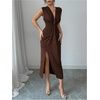 image:imageFloerns Womens Elegant Deep V Neck Long Dress Ruched Sleeveless Bodycon Slit Party Cocktail DressesMocha Brown