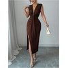 image:imageFloerns Womens Elegant Deep V Neck Long Dress Ruched Sleeveless Bodycon Slit Party Cocktail DressesMocha Brown