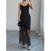 image:imageFloerns Womens Elegant Satin Sheer Lace Cami Long Dress Date Night OutfitBlack