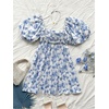 image:imageFloerns Womens Floral Dress Puff Sleeve Square Neck Mini DressesBlue and White